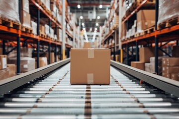 Fastpaced Warehouse With Conveyor Belt Moving Boxes In Busy Fulfillment Center
