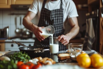 Fit Male Cooks Nutritious Breakfast, Grabbing Glass Of Milk In His Kitchen
