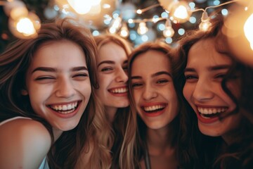 Fototapeta premium Delightful Night Out For A Group Of Young Women: Radiating Joy, Beautifully Composed Photo With Ample Space For Copy