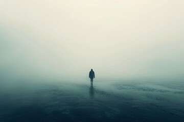 Symbolizing Mental Health Struggles: Perfectly Symmetrical Photo Of A Lonely Figure Emerging From The Mist,