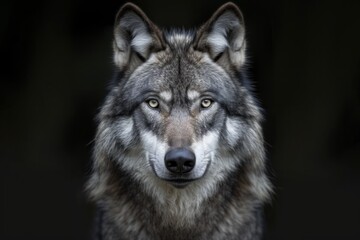 Photograph Of Majestic Grey Wolf In Stunning Black Background Provides Perfect Symmetry And Generous Space For Captions