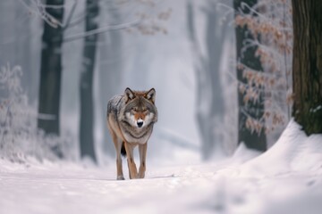 Naklejka premium Majestic Wolf Roaming Snowy Forest, Embodying The Enchantment Of Winter