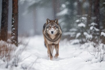 Naklejka premium Enchanting Winter Scene: Majestic Wolf Roams The Snowy Forest, Centered, With Perfect Symmetry And Copy Space