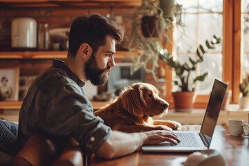 Man And Dog Collaborating On Laptop In Cozy Home Office