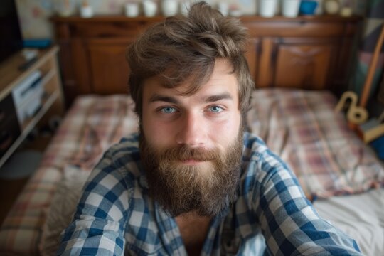 Bearded Man Takes Playful Selfie At Home With Perfect Symmetry And Copy Space