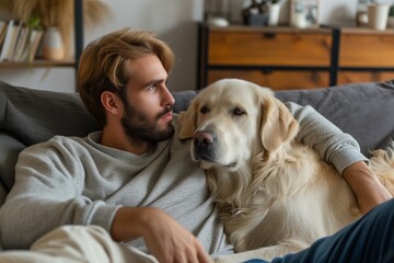 Serene Man Finds Bliss In The Presence Of His Devoted Dog: Perfectly Balanced Photo With Centered Composition And Ample Copy Space