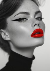 Obraz premium Black and white portrait, model with a bold red lip and graphic eyeliner, minimalist studio, high-contrast fashion