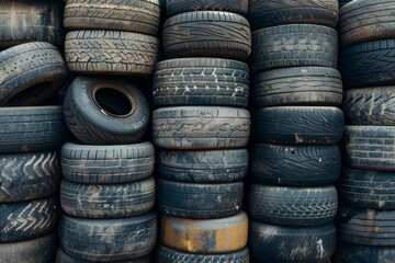 Symmetrical Photo Of Discarded Tires And Wheels Awaiting Recycling: Perfectly Centered