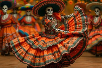 Female mexican Characters dressed as skeletons dancing on Mexico's Day of the Dead