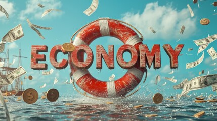 3d word economy with a lifebuoy above water
 - obrazy, fototapety, plakaty