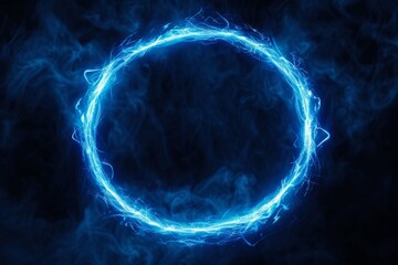 Obraz premium Elegant Blue Geometric Circle Creates Mesmerizing Display On Dark Background With Perfect Symmetry, Centered Composition And Copy Space