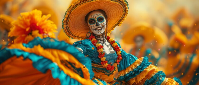 Mexican Women dressed as skeletons dancing on Mexico's Day of the Dead