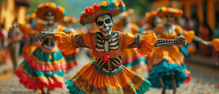 Characters dressed as skeletons dancing on Mexico's Day of the Dead