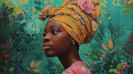 painted portrait of an african  woman with a vibrant floral headwrap in a lush garden - obrazy, fototapety, plakaty