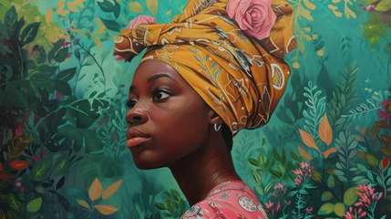 Muurstickers painted portrait of an african  woman with a vibrant floral headwrap in a lush garden © Klay