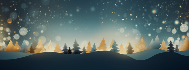Enchanting winter night scene with snow-covered trees and a magical, starry sky illuminating the darkness