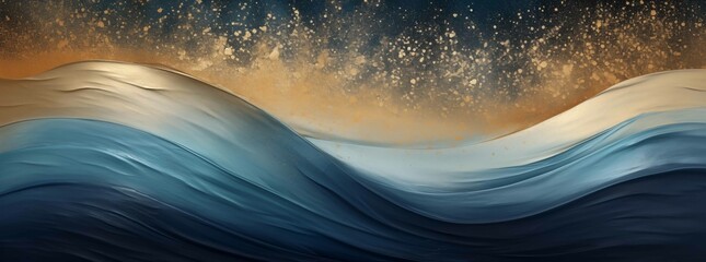 Abstract artistic depiction of rolling blue waves with a dynamic splash of golden glitter against a dark backdrop