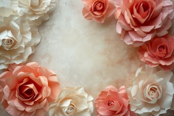 Vintage-Inspired Paper Roses On An Abstract Background: Symmetrical And Centered Photo, Ideal For Love And Celebration, With Ample Copy Space
