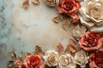 Perfect Vintage-Style Paper Roses On An Abstract Background: Unique And Romantic Tribute To Love And Celebration, With A Perfectly Symmetrical And Centered Photo, Featuring Ample Copy Space.