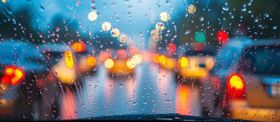 During rainy season, driving visibility decreases due to raindrops on car windows and mirrors, and the blurry road in the background.