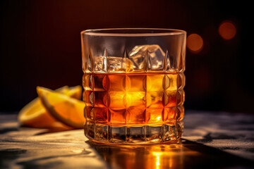 Indulge in the timeless allure of an old fashioned rum drink on ice, adorned with a hint of citrus zest. A classic libation for refined taste and relaxation.