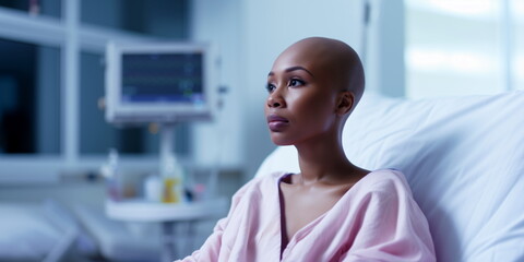 Female cancer patient after chemotherapy. Portrait of a young bald black woman resting in a hospital bed. Woman with cancer resting. Copy space for text. World Cancer Day and awareness concept.