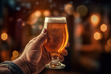 Unwind after a tough day at work as a mans hand clutches a satisfying glass of beer in a cozy pub. The perfect moment for relaxation and camaraderie. - obrazy, fototapety, plakaty