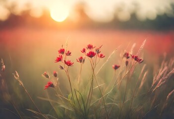 Obraz na płótnie Canvas Vintage photo of Close up soft focus a little wild flowers grass in sunrise and sunset background