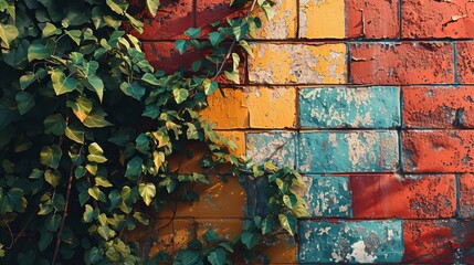 Colorful Painted Brick Wall Texture with Green Ivy Leaves