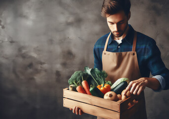 young man with a wooden box full with fresh vegetables - Powered by Adobe
