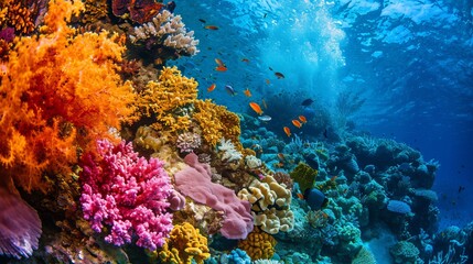 Naklejka na ściany i meble Vibrant Underwater Coral Reef Landscape with Colorful Fish and Marine Life
