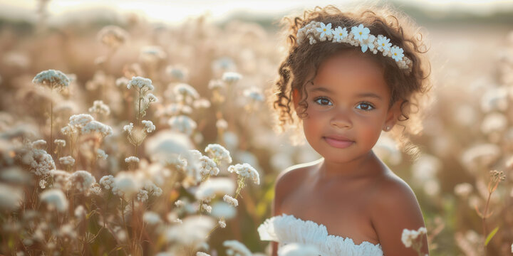 Portrait of a fictional young adorable African-American little girl in a field. 