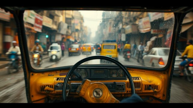 view from inside a rickshaw on the road, rain
