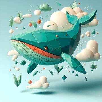 Cute green colored animated whale in geometric simple.
