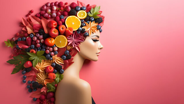 Portrait of a girl whose hair is covered with fruits and leaves.