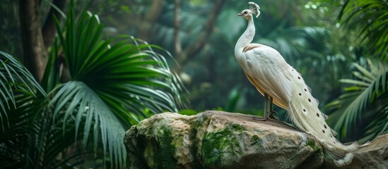 Colorful horizontal image of a white peacock perched on a stone in a lush tropical forest. © AkuAku