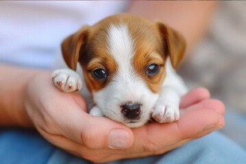 Pretty beagle puppy lying down in man’s hand