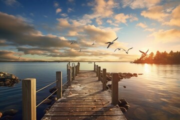 wooden dock with birds flying over the water at sunset