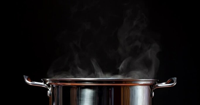 Steaming hot water in a steel pan. Cook lunch and dinner in the kitchen. Steam rises from boiling water against a black background. Cooking dinner from porridge or pasta broth.