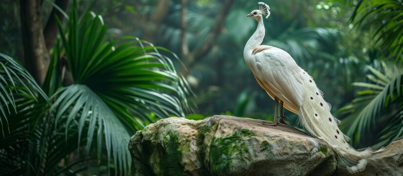 Colorful horizontal image of a white peacock perched on a stone in a lush tropical forest.