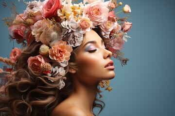 Obraz premium Creative portrait of a girl with a big wreath of flowers on her head.