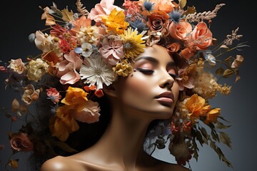 Art portrait of a girl with a big wreath of flowers on a gray background.