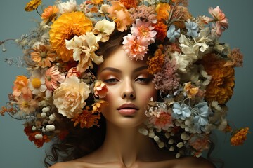 Front view of an art portrait of a young girl in a large wreath of flowers.