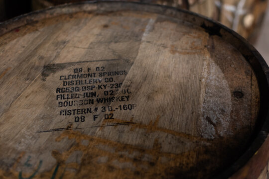 Close-up of used American oak barrel after aging bourbon by Clermont Springs Distillery. Ireland, Midleton, 22 January 2024