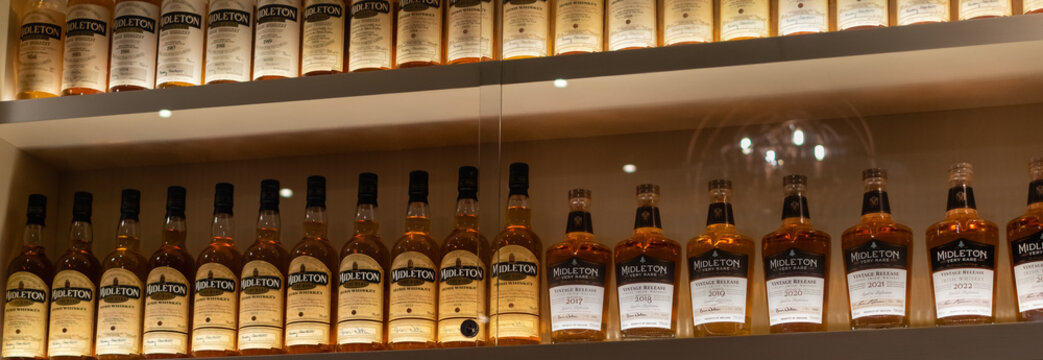 Collection of rare Irish whiskey Midleton on the shelf close-up. Ireland, Midleton, 22 January 2024