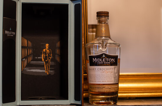Bottle of Irish whiskey Midleton Very Rare Barry Crockett Legacy with branded exclusive box close-up. Ireland, Midleton, 22 January 2024