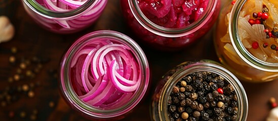 Jars containing pickled red onions and black peppercorns, seen from above.