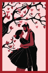 Minimalist art of a man and a woman hugging under a tree customized vector illustration design 