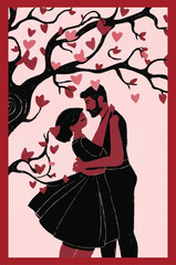 Fototapeta premium Minimalist art of a man and a woman hugging under a tree customized vector illustration design 