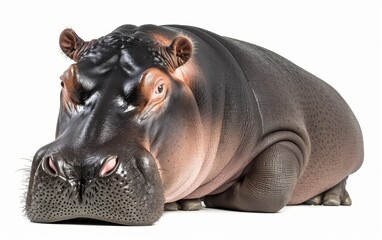 Close-up of a resting hippopotamus, showcasing its detailed skin texture and relaxed posture on a white background.